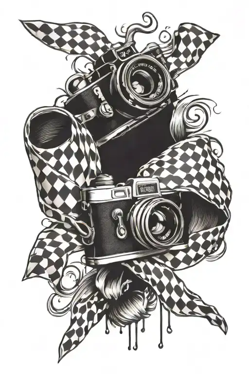 camera dirt checkered flag intertwined tattoo design idea