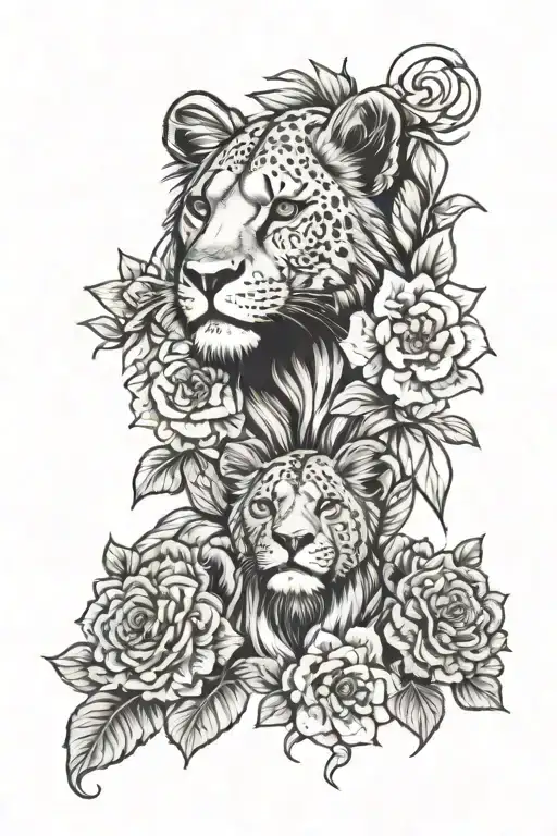 draw me a lioness with her three lion cubs buried in hibiscus flowers tattoo design idea