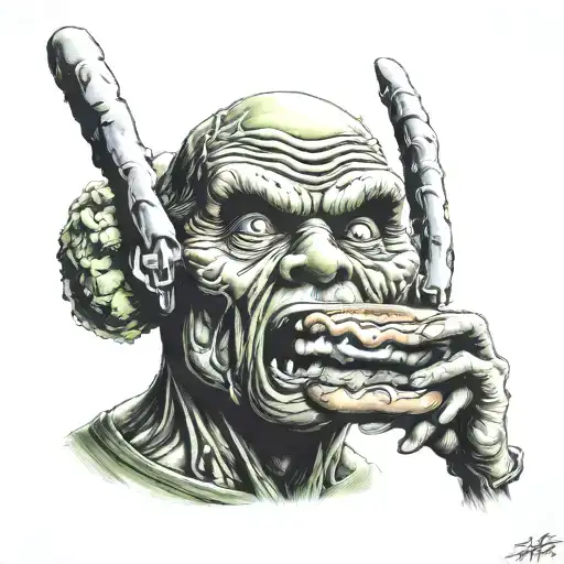 the toxic avenger eating hotdogs tattoo design idea