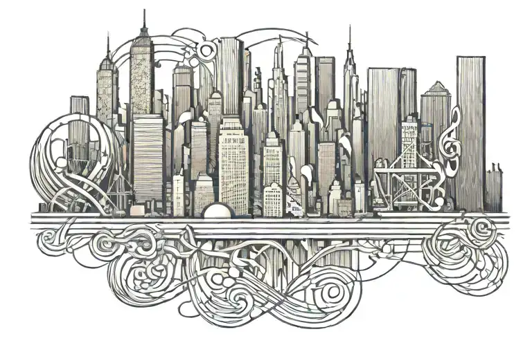A minimalist tattoo of the New York skyline with musical notes intertwined, representing your love for travel and music tattoo design idea