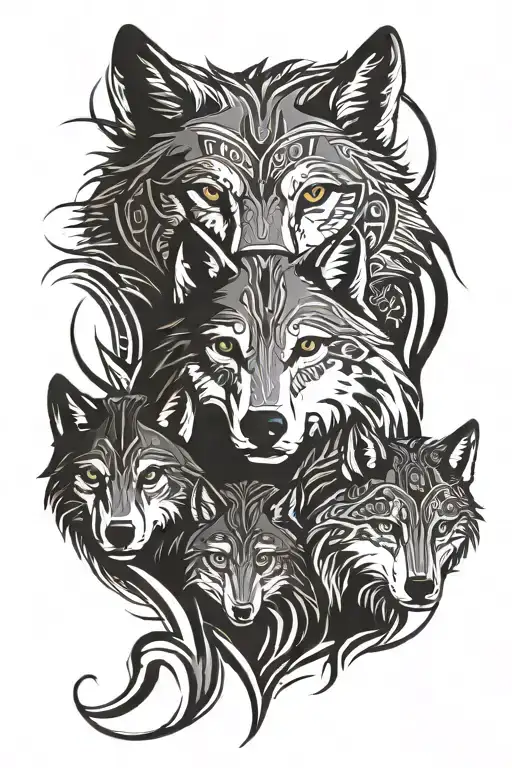 Grey Wolf and two cubs surrounded tattoo design idea