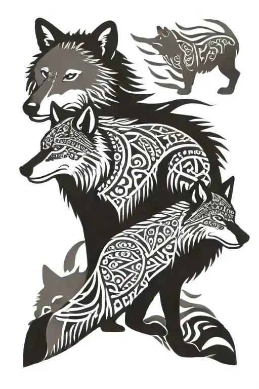 Grey Wolf and two cubs west african tribal patterns tattoo design idea