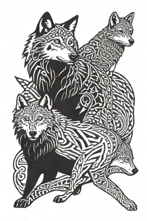 Grey Wolf and two cubs west african tribal patterns tattoo design idea