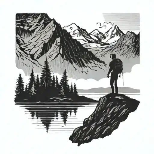 A silhouette of a hiker on a mountain peak overlooking a serene lake in Sweden tattoo design idea