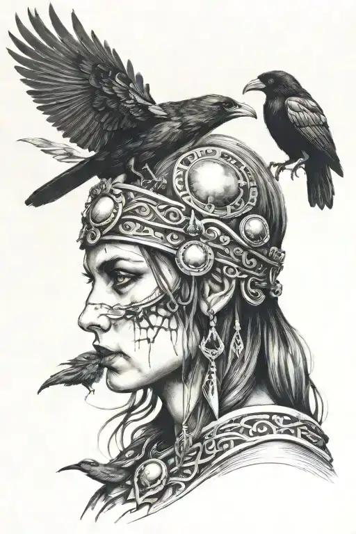 Morrigan goddess with head of a crow as a head piece  tattoo design idea