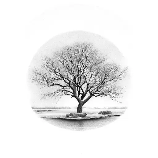 ash tree with raging river tattoo design idea