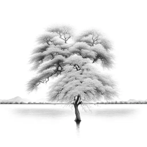 ash tree with back drop of river and mountain tattoo design idea