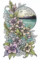 Alaskan Beach with Northern Lights dancing.  Outlined in Fireweed, Carnations, Irises, and lillies  tattoo design idea