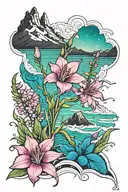 Alaskan Beach with Northern Lights dancing.  Outlined in Fireweed, Carnations, Irises, and lillies  tattoo design idea