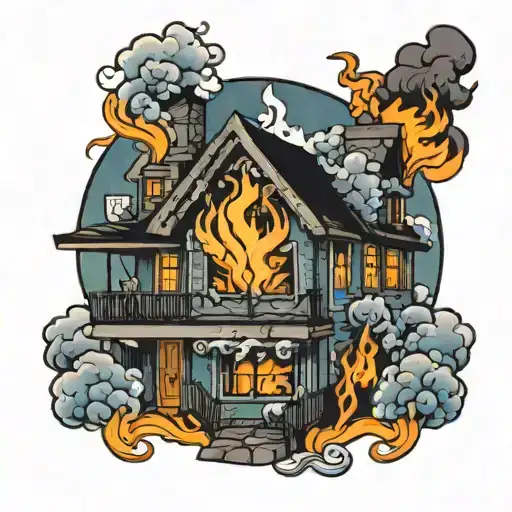 house on fire with a 57 in the smoke tattoo design idea