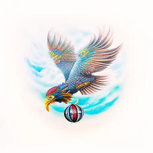 ave fenix volando sobre un mar hacia el sol,lleva en su pico una balanza . Abajo, flecha de brujula apuntando a montaña tattoo design idea