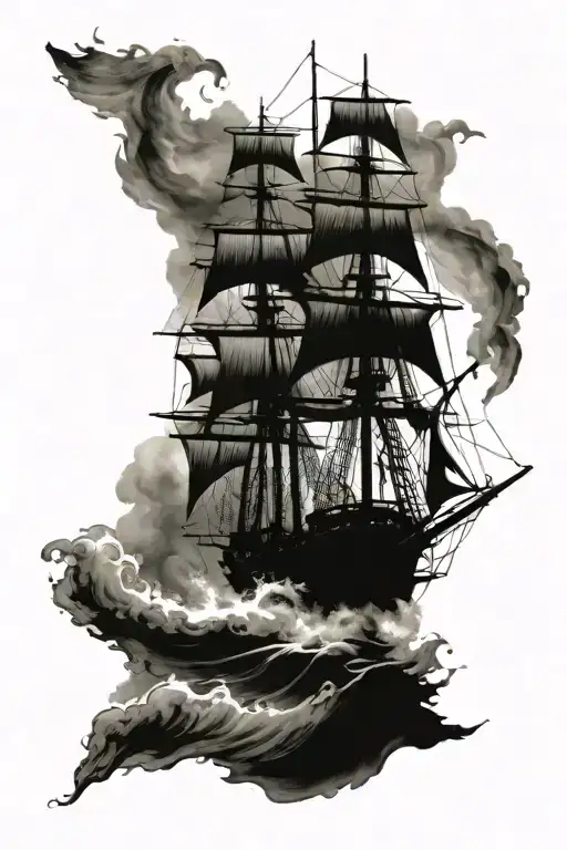 A majestic clipper ship sailing on rough waters, surrounded by a school of tuna fish tattoo design idea