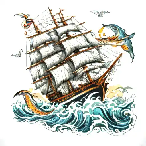 A majestic clipper ship sailing on rough waters, surrounded by a school of tuna fish tattoo design idea