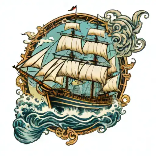 A majestic clipper ship sailing on rough waters, surrounded by a school of tuna fish tattoo design idea