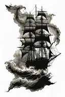 A majestic clipper ship sailing on rough waters, surrounded by a school of tuna fish tattoo design idea