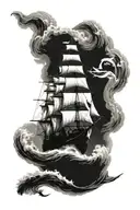 A majestic clipper ship sailing on rough waters, surrounded by a school of tuna fish tattoo design idea