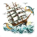 A majestic clipper ship sailing on rough waters, surrounded by a school of tuna fish tattoo design idea