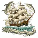 A majestic clipper ship sailing on rough waters, surrounded by a school of tuna fish tattoo design idea