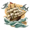 A majestic clipper ship sailing on rough waters, surrounded by a school of tuna fish tattoo design idea