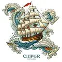 A majestic clipper ship sailing on rough waters, surrounded by a school of tuna fish tattoo design idea