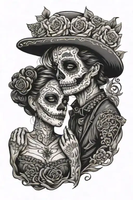 a couple kissing of a male and female with dia de los muertos makeup, on a dark theme background, dia de los muertos det tattoo design idea