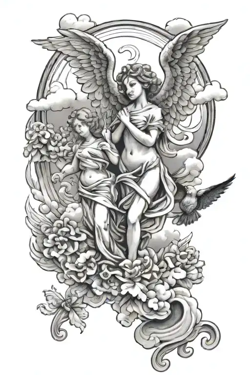 Clouds and Angels with Angels number 777 inside tattoo design idea