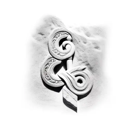 full arm sleeve tattoo of the greek meander key carved in chipped stone with zeus in the background. tattoo design idea