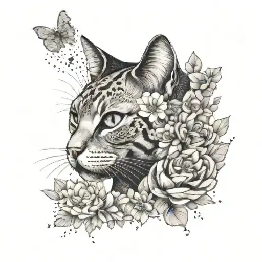 A delicate and feminine design incorporating cats and flowers in a dotwork style, with subtle references to formula 1 race cars tattoo design idea