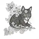 A delicate and feminine design incorporating cats and flowers in a dotwork style, with subtle references to formula 1 race cars tattoo design idea