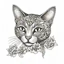 A delicate and feminine design incorporating cats and flowers in a dotwork style, with subtle references to formula 1 race cars tattoo design idea