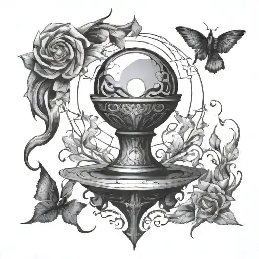 oracle holding a crystal ball transforming Into a disc golf basket  tattoo design idea
