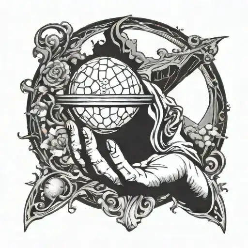 oracle holding a crystal ball transforming Into a disc golf basket  tattoo design idea