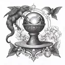 oracle holding a crystal ball transforming Into a disc golf basket  tattoo design idea