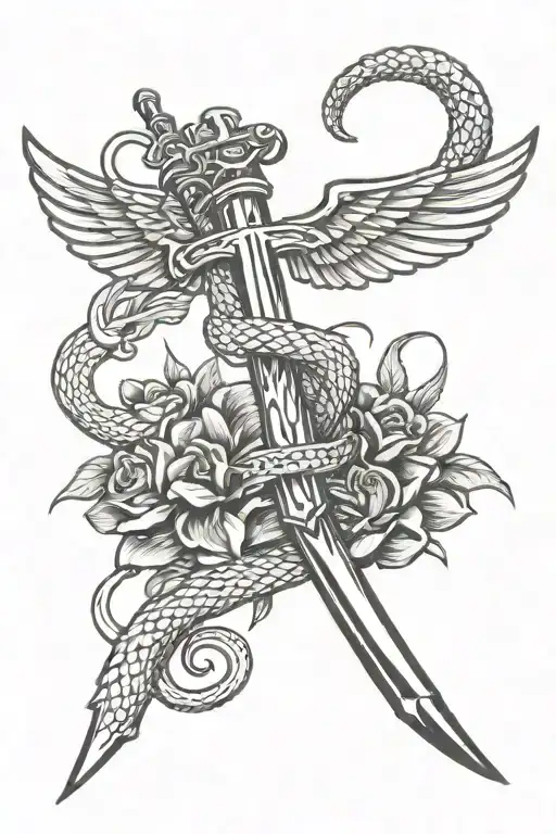 cross like sword with wings and a snake wrapped tattoo design idea