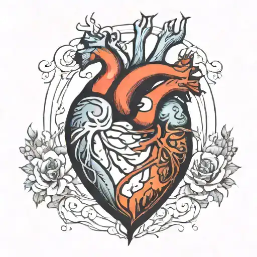 anatomical heart surrounded by fire  tattoo design idea