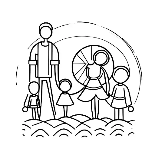 A minimalist silhouette of a family holding hands, surrounded by a circle representing the globe, symbolizing the client's love for their family and their shared adventures while traveling. tattoo design idea