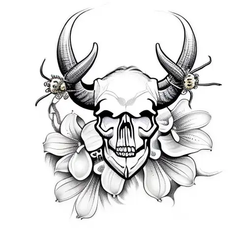 the skull of a buffalo with a spider and some lily of the valley flowers tattoo design idea