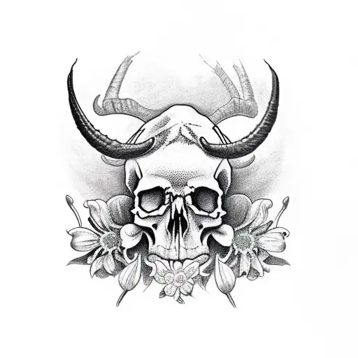 the skull of a buffalo with a spider and some lily of the valley flowers tattoo design idea