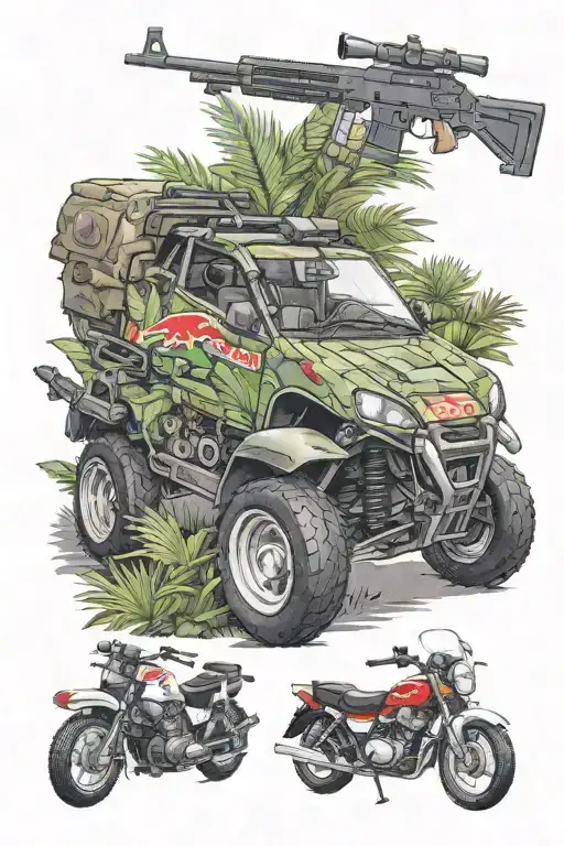an old Toyota MR 2 car, a Hawaiian shirt, a can of red bull, a forest, a sniper rifle, a military uniform , motorbike tattoo design idea
