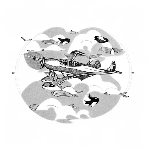 A pilot flying a plane with koi fish swimming in the clouds tattoo design idea