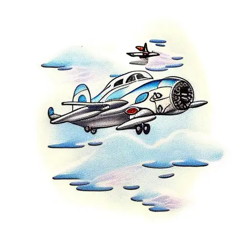A pilot flying a plane with koi fish swimming in the clouds tattoo design idea