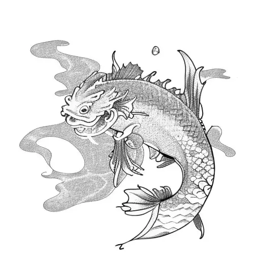 A koi fish transforming into a dragon amidst a field of lotus flowers tattoo design idea