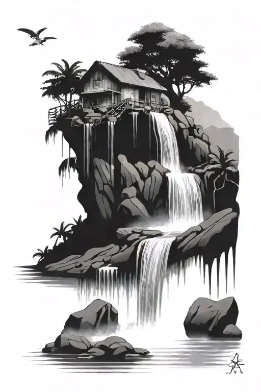 waterfall with house on stilts in water with river running down arm and black mamba sign on inner bicep tattoo design idea