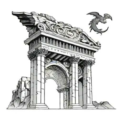 a Greek arch and a pillar on each side. Under the arch will be the sign of the berserker in red.   tattoo design idea