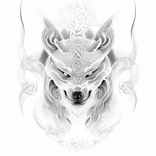 Design a dotwork tattoo of Fenrir's head, merging with intricate Celtic knots, symbolizing the client's admiration for the power and complexity of both Norse and Celtic cultures. tattoo design idea