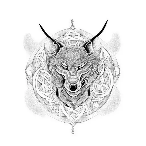 Design a dotwork tattoo of Fenrir's head, merging with intricate Celtic knots, symbolizing the client's admiration for the power and complexity of both Norse and Celtic cultures. tattoo design idea
