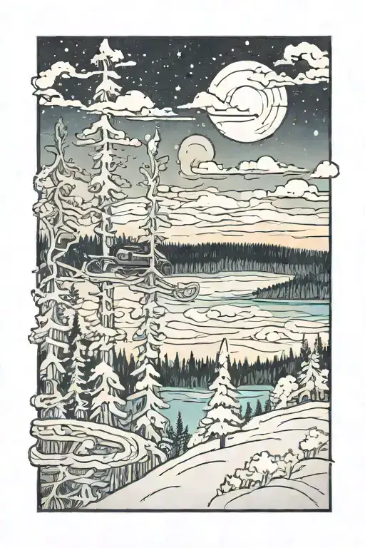 arm sleeve with scene of Wisconsin forest at night with aurora borealis in the sky with a snowmobile trail winding aroun tattoo design idea