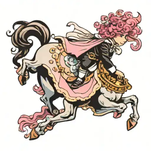 boy in lolita fashion riding a horse with curly pink mane tattoo design idea