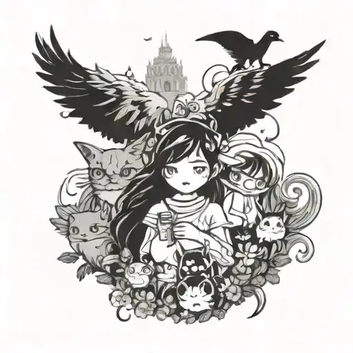 studio ghibli sleeve with the characters , calcifer, soot sprites, Howl, Sophie, and Arietty  tattoo design idea