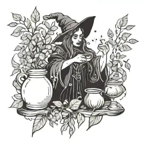 A spooky witch brewing magic potions with eucalyptus leaves in the background tattoo design idea